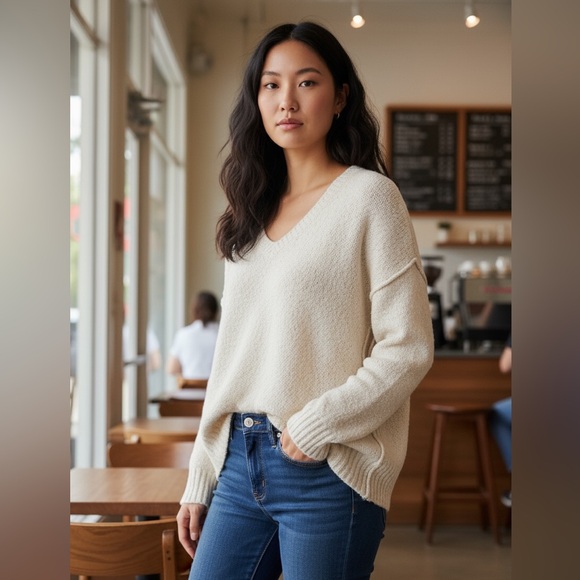 Free People Women's Brookside Tunic Sweater Scoop Neck Cream Oversized Sz Small - Picture 2 of 9